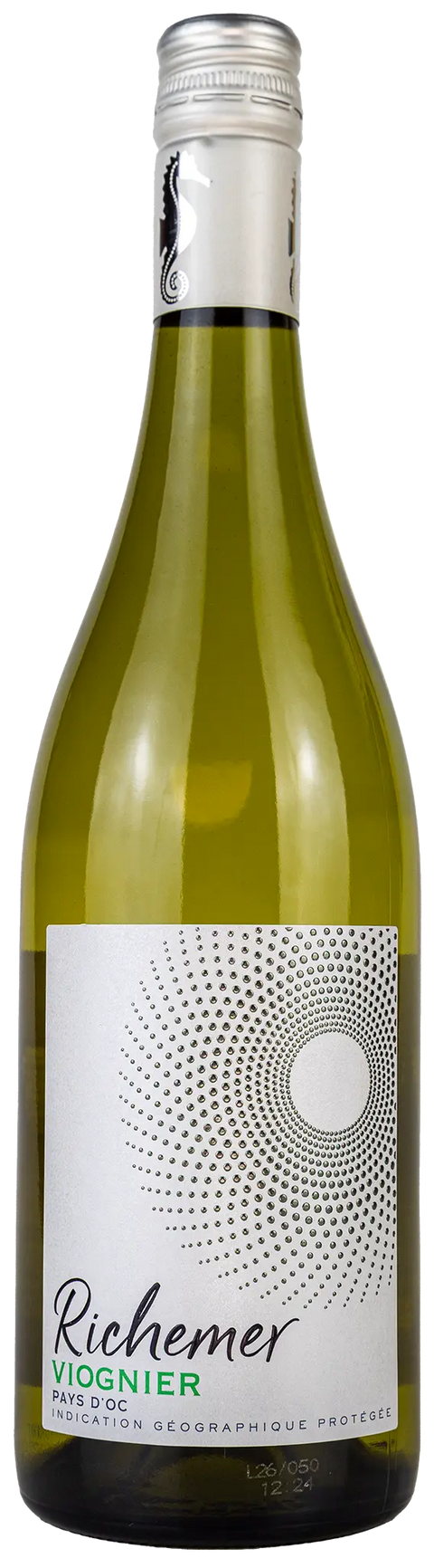 Vorderansicht der Weinflasche Richemer Viognier 2025 aus dem Languedoc. Ein trockener französischer Weisswein von Leons Weinhaus.