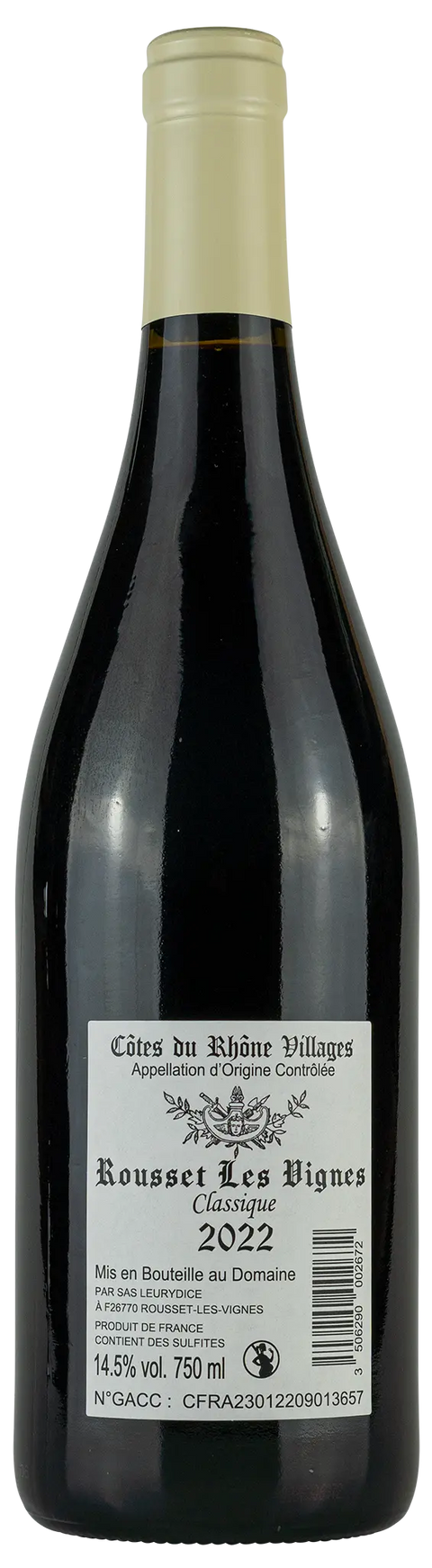 Rückseite einer Weinflasche Rousset Les Vignes 'Classique' 2022 aus Côtes du Rhône Villages - Rhône, ein tockener Rotwein von Leons Weinhaus