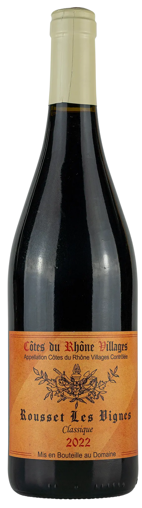 Vorderseite einer Weinflasche Rousset Les Vignes 'Classique' 2022 aus Côtes du Rhône Villages - Rhône, ein tockener Rotwein von Leons Weinhaus