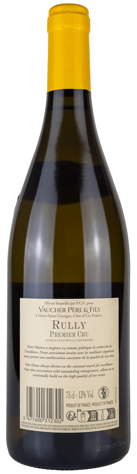 Rückseite der Weinflasche Rully premier cru 2022 aus dem Burgund, ein trockener französischer Chardonnay Weisswein von Leons Weinhaus