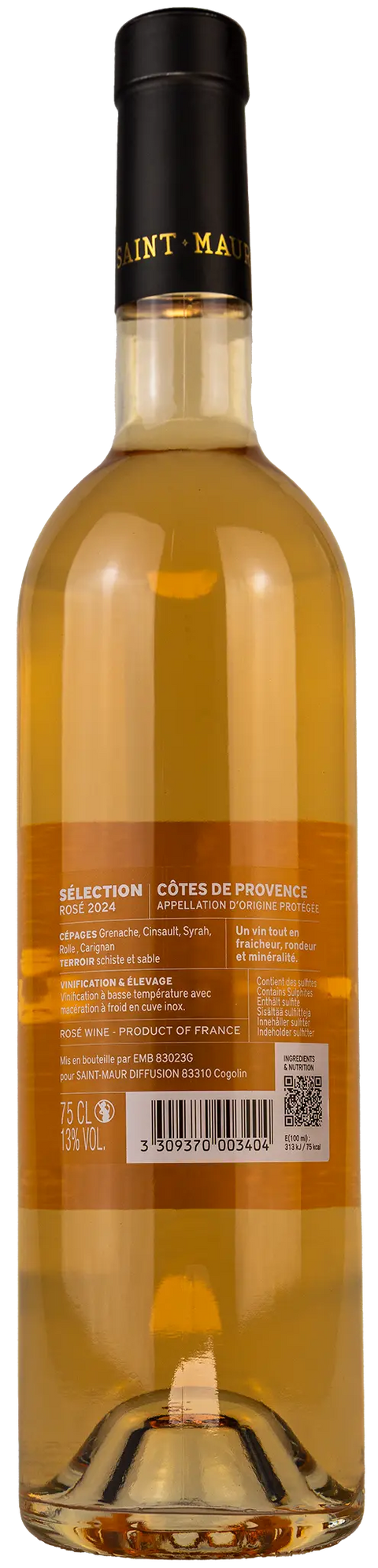 Nahaufnahme des Etiketts von Château Saint-Maur 'Selection' 2024 aus der Provence mit Details zu den Rebsorten Grenache, Cinsault, Syrah, Rolle und Carignan. 