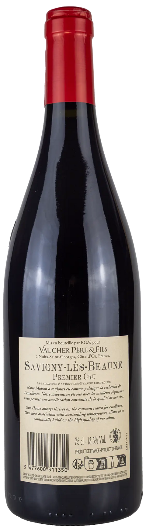 Nahaufnahme des Etiketts Savigny-les-Beaune premier cru 2023 aus dem Burgund. Ein trockener französischer Rotwein von Leons Weinhaus 