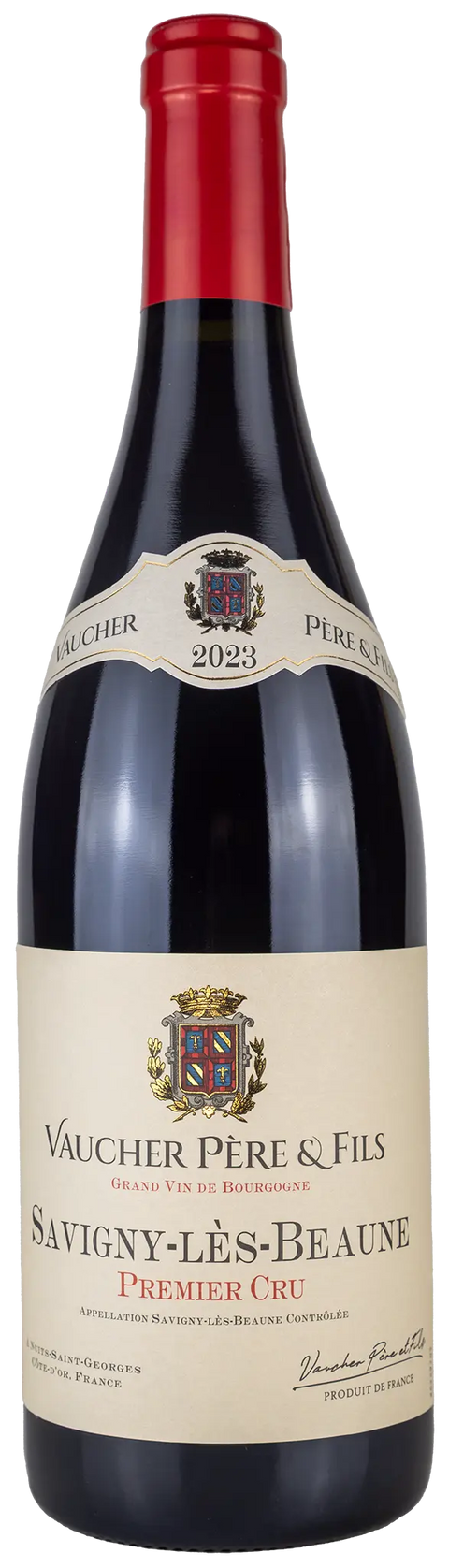 Vorderansicht der Weinflasche Savigny-les-Beaune premier cru 2023 aus dem Burgund. Ein trockener französischer Pinot Noir Rotwein von Leons Weinhaus 