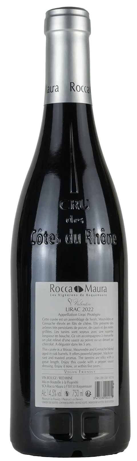 Rückseite einer Weinflasche St. Valentin 2022 aus Lirac - Rhône. Ein trockener französischer Rotwein von Leons Weinhaus