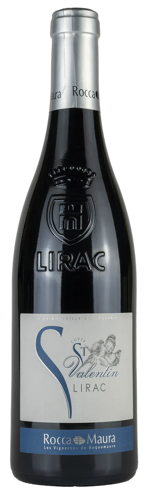 Vorderseite einer Weinflasche St. Valentin 2022 aus Lirac - Rhône. Ein trockener französischer Rotwein von Leons Weinhaus