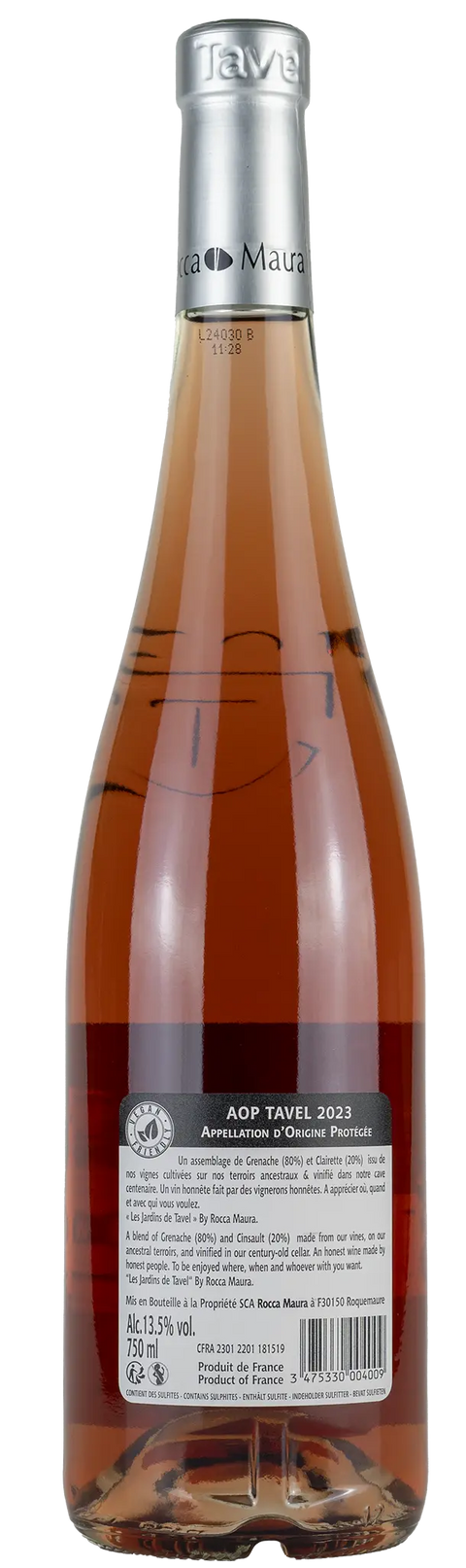 Rückseite einer Weinflasche Tavel 'Rocca Maura' 2023 aus Tavel - Rhône, ein trockener Roséwein aus Frankreich von Leons Weinhaus