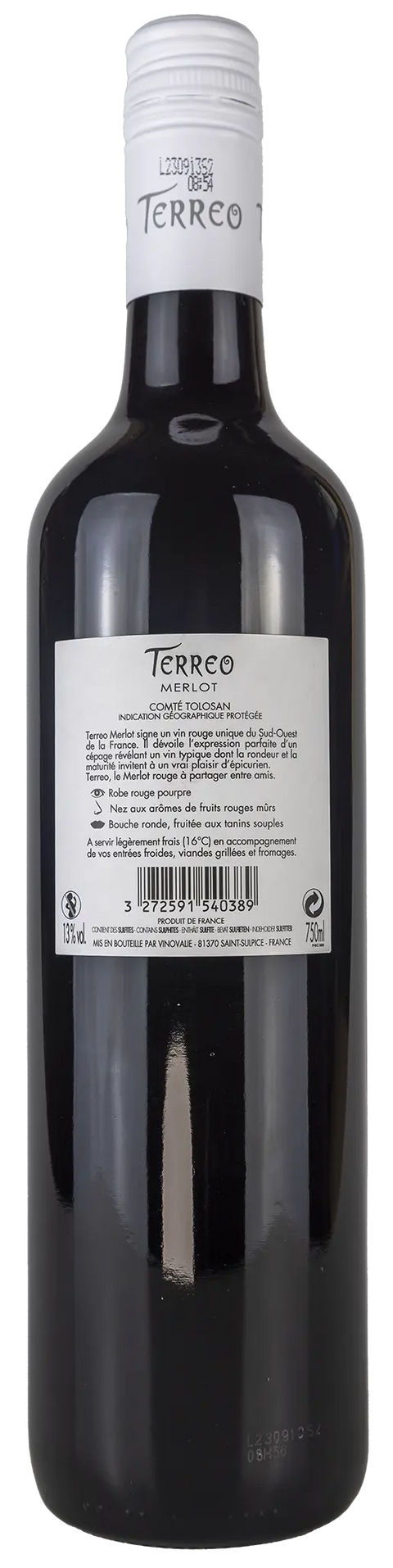 Rückseite einer Weinflasche Terreo Merlot 2022 aus Comté Tolosan - Süd-West. Ein trockener französischer Merlot Rotwein von Leons Weinhaus