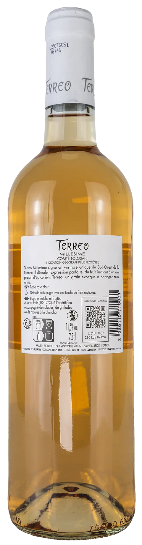 Rückseite einer Weinflasche Terreo 2024 - rosé aus der Region Comté Tolosan - Süd-West, ein trockener Roséwein von Leons Weinhaus