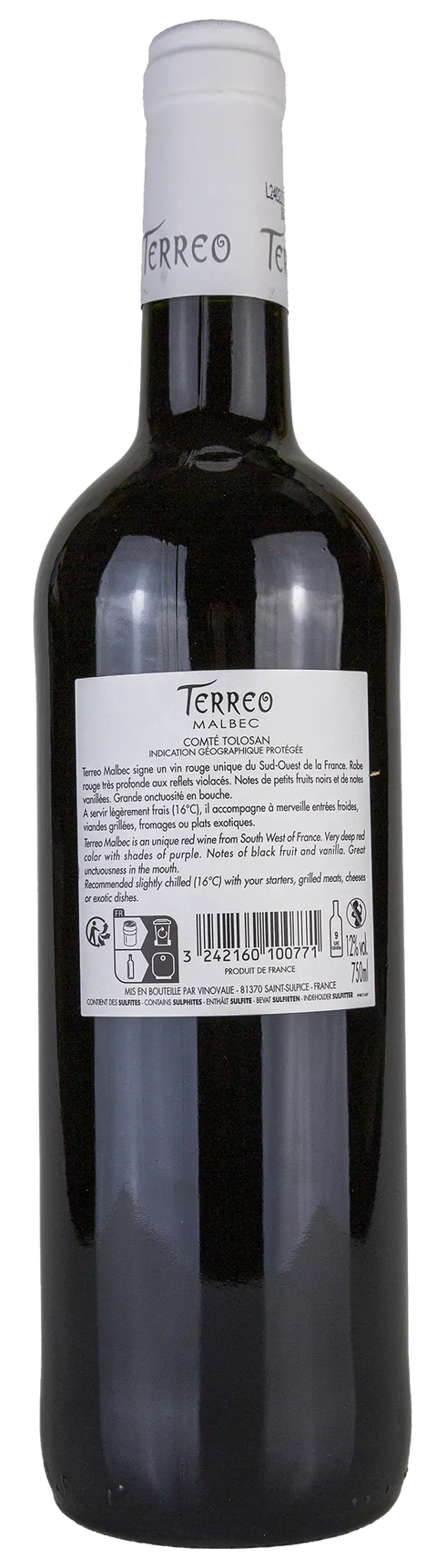 Rückseite der Weinflasche Terreo Malbec 2022, aus der Region Süd-West, 100% Malbec, ein trockener französischer Rotwein von Leons Weinhaus
