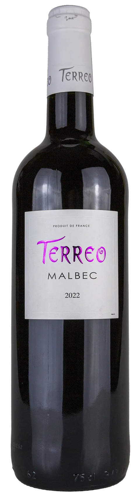 Vorderansicht der Weinflasche Terreo Malbec 2022, aus der Region Süd-West, 100% Malbec, ein trockener französischer Rotwein von Leons Weinhaus
