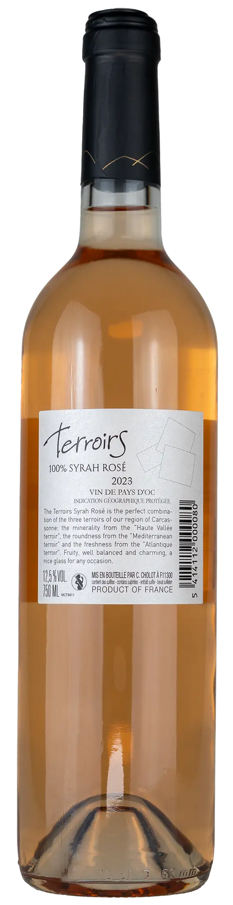 Vorderseite der Weinflasche Terroirs 'Syrah' rosé 2023, aus dem Pays d’Oc - Languedoc, 100% Syrah,  ein trockener Roséwein von Leons Weinhaus