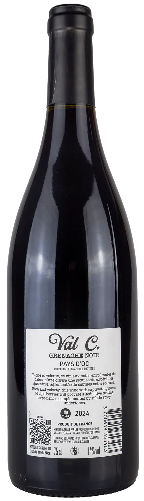 Rückseite einer Weinflasche Val C 'Grenache Noir' 2024 aus dem Languedoc. Ein trockener französischer Rotwein aus der Rebsorte  Grenache Noir von Leons Weinhaus