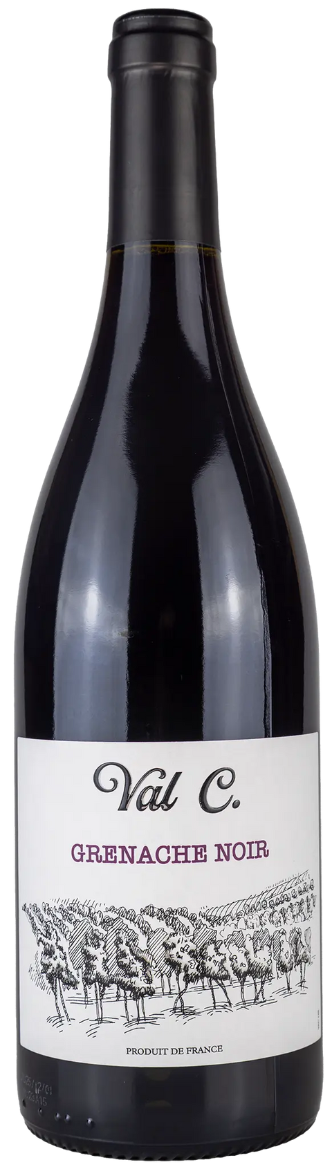 Vorderseite einer Weinflasche Val C 'Grenache Noir' 2024 aus dem Languedoc. Ein trockener französischer Rotwein aus der Rebsorte  Grenache Noir von Leons Weinhaus