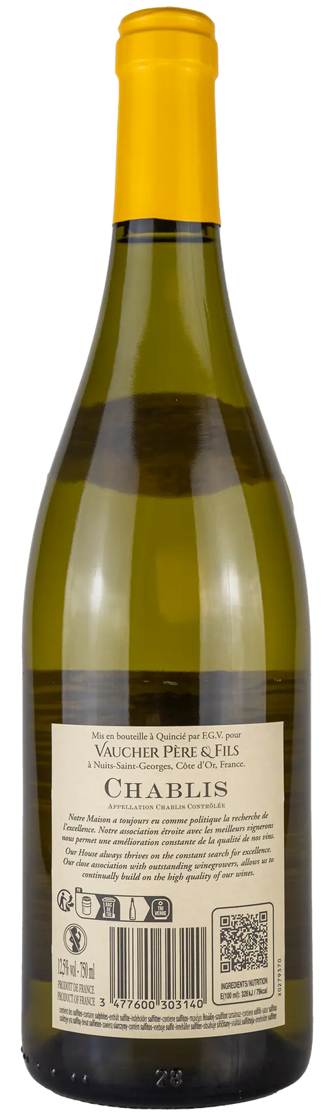 Rückseite einer Weinfasche Vaucher Père & Fils 'Chablis' 2024, ein Chardonnay aus Chablis - Burgund, ein trockener Weisswein von Leons Weinhaus