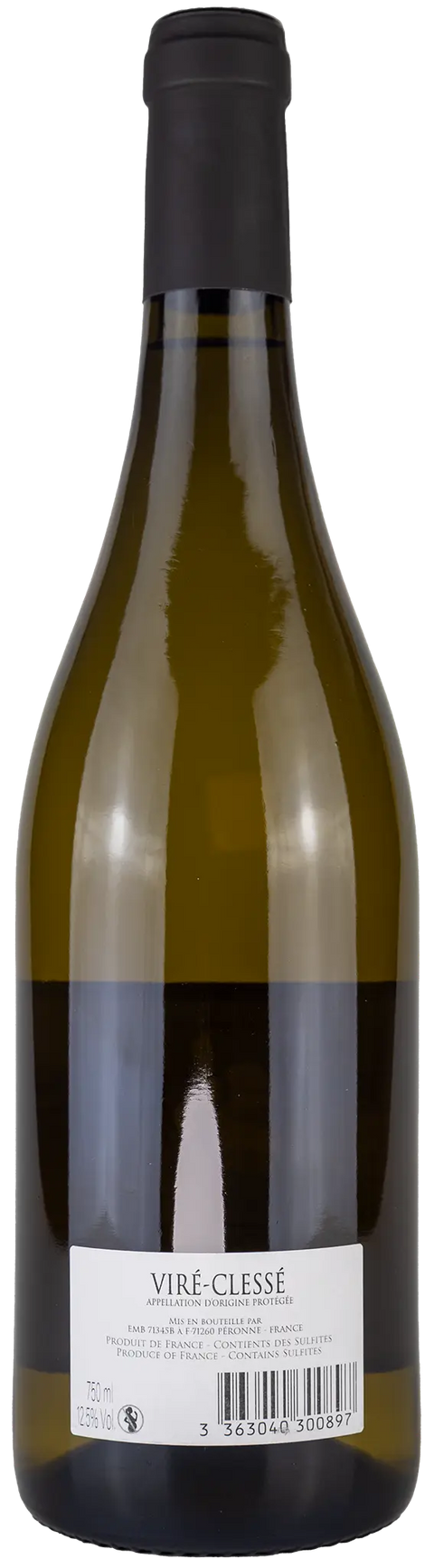 Rückseite einer Weinflasche Viré-Clessé 2023, ein Chardonnay Weisswein aus Viré-Clessé - Burgund, ein trockener Weisswein von Leons Weinhaus
